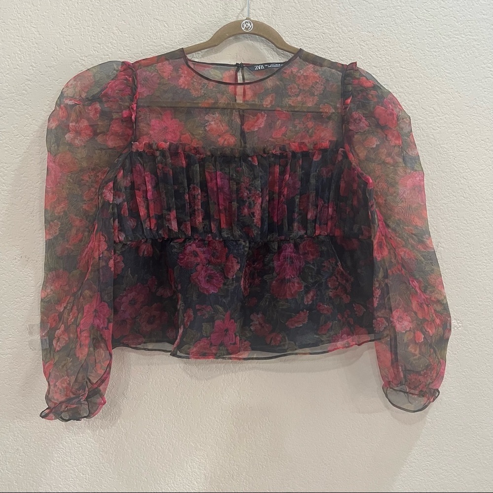 Zara Sheer Floral Puff-Sleeve Blouse in Black and Pink
